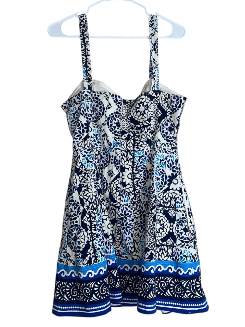 Avec Les Filles Blue and White Floral Sweetheart Neckline Mini Sun Dress Sz 14 - Picture 10 of 16